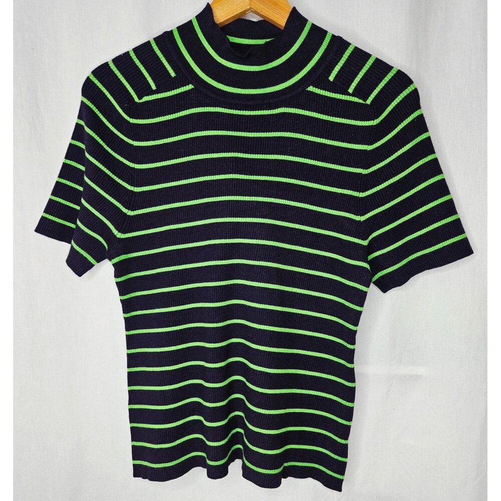 Free Assembly Black & Green Striped Short Sleeve Mock Neck Ribbed Knit Top XL
